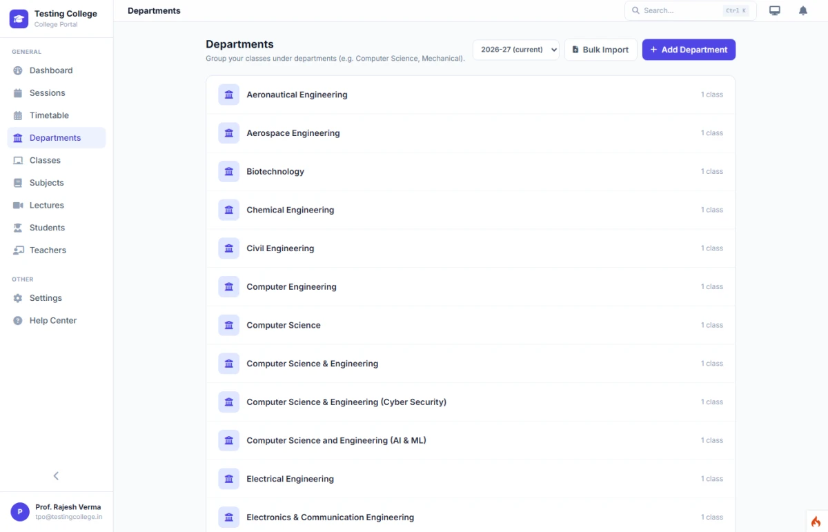 Real departments and bulk-import screenshot