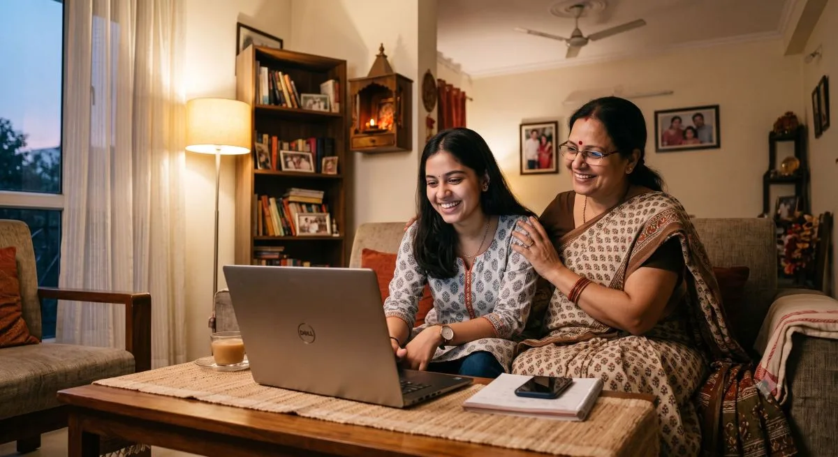 A parent and her daughter looking at a laptop together at home