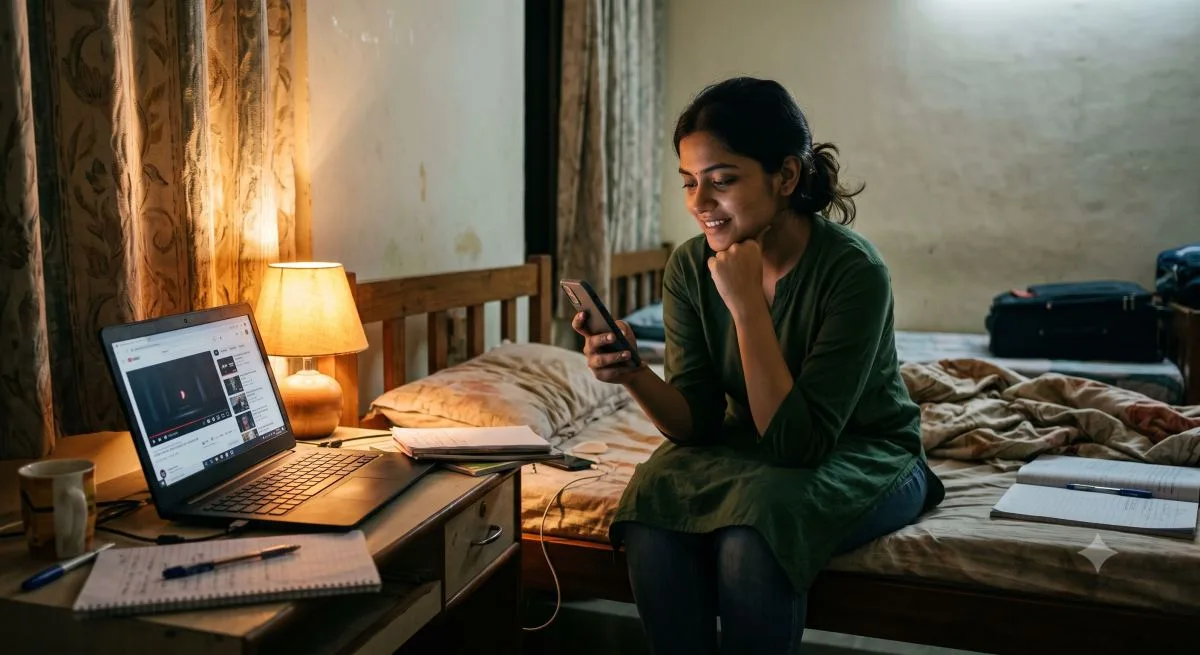 A student smiling at her phone in her hostel room, catching up on a lecture
